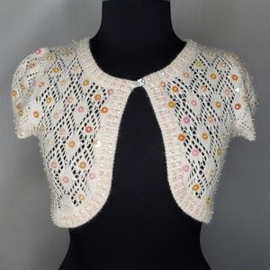 Ivory Beaded Openwork Knit Bolero Sweater